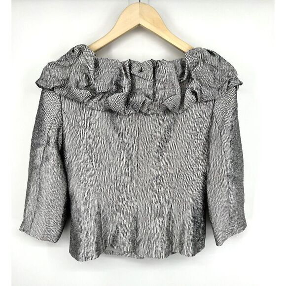 Adrianna Papell Evening Essentials Blazer Women Size 8 Metallic Silver Ruffle - Picture 3 of 5